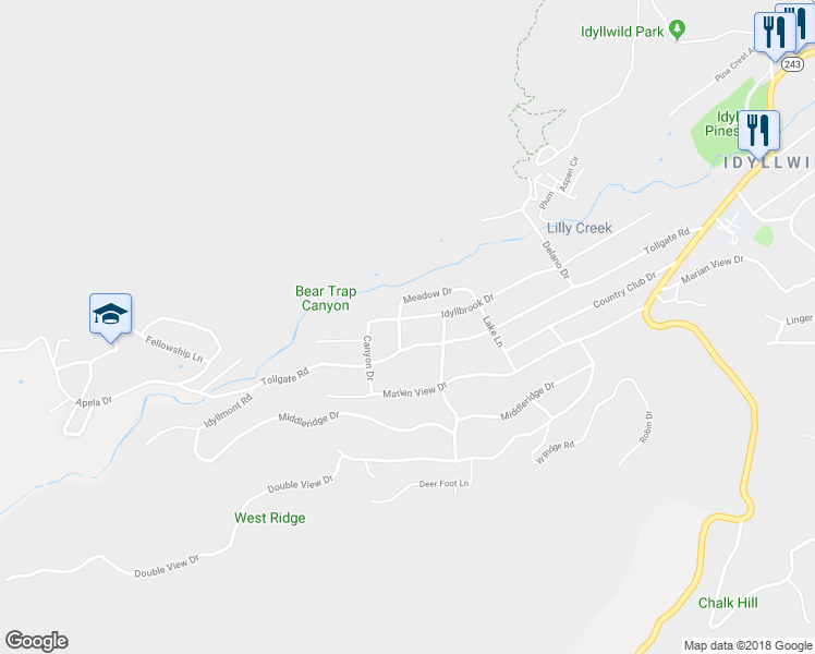 map of restaurants, bars, coffee shops, grocery stores, and more near 26660 Estate Drive in Idyllwild-Pine Cove