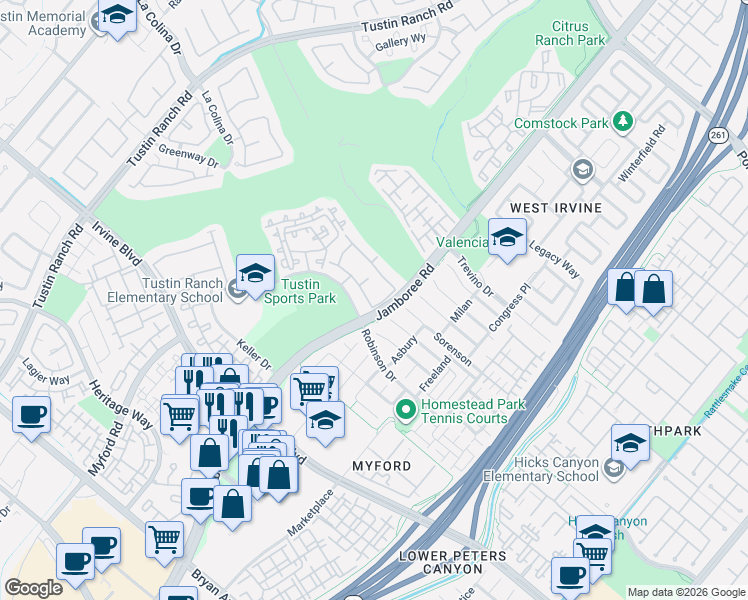 map of restaurants, bars, coffee shops, grocery stores, and more near 12721 Trent Jones Lane in Tustin