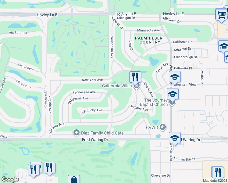map of restaurants, bars, coffee shops, grocery stores, and more near 77320 Colorado Street in Palm Desert
