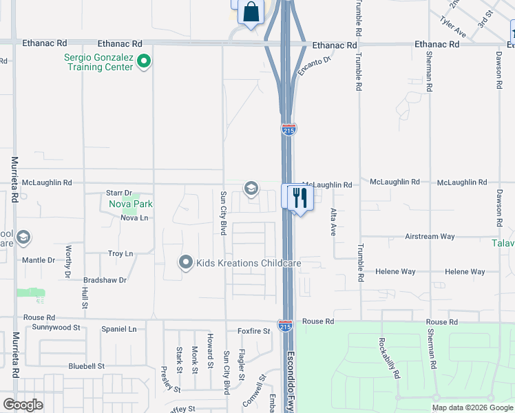 map of restaurants, bars, coffee shops, grocery stores, and more near 26871 James Drive in Menifee