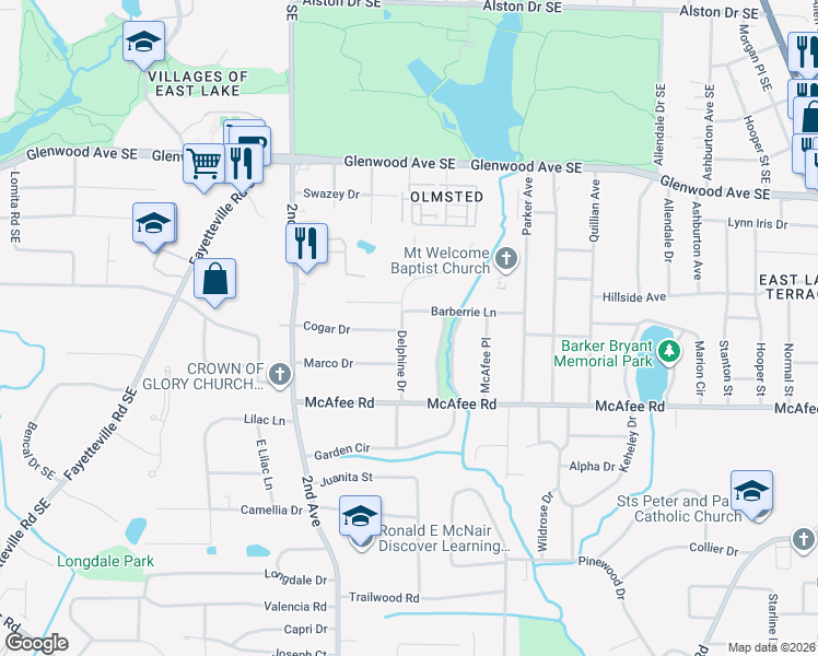 map of restaurants, bars, coffee shops, grocery stores, and more near 1944 Delphine Drive in Decatur