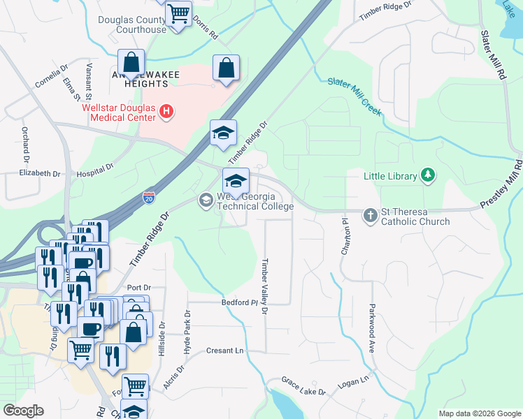 map of restaurants, bars, coffee shops, grocery stores, and more near 5855 Sloane Street in Douglasville