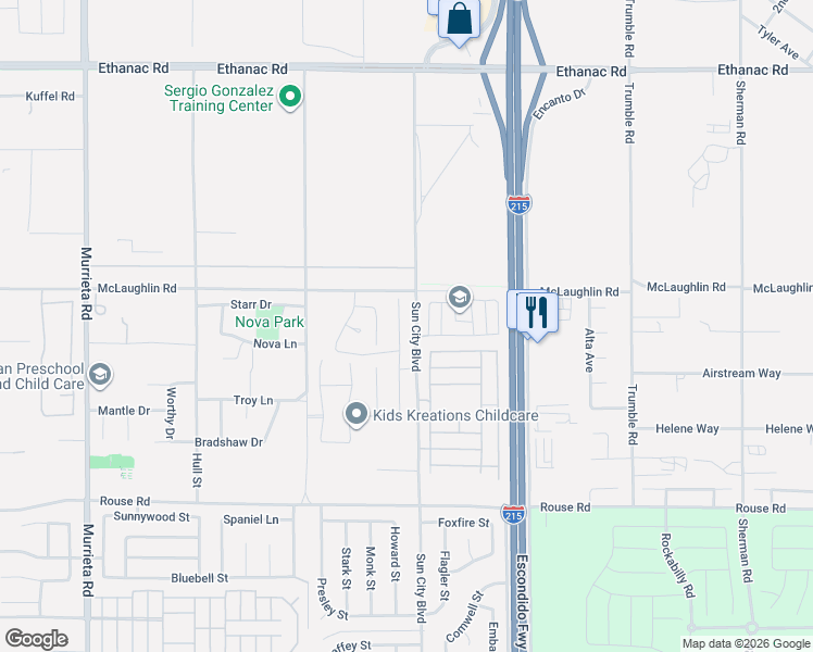 map of restaurants, bars, coffee shops, grocery stores, and more near 26616 Baneberry Court in Menifee