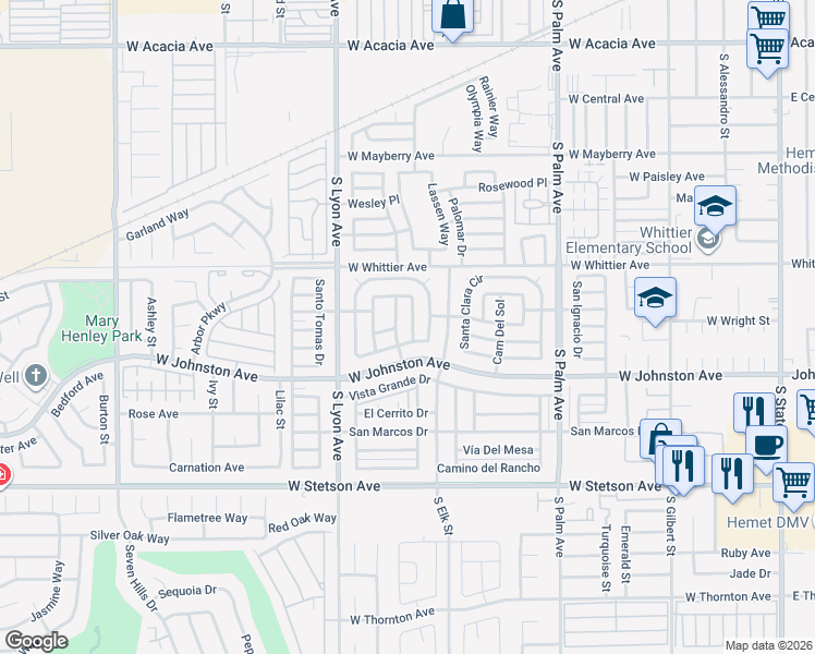 map of restaurants, bars, coffee shops, grocery stores, and more near 131 Santa Lucia Drive in Hemet