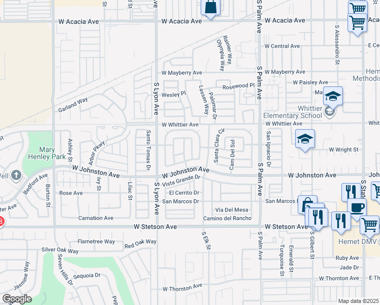 map of restaurants, bars, coffee shops, grocery stores, and more near 131 Santa Lucia Drive in Hemet