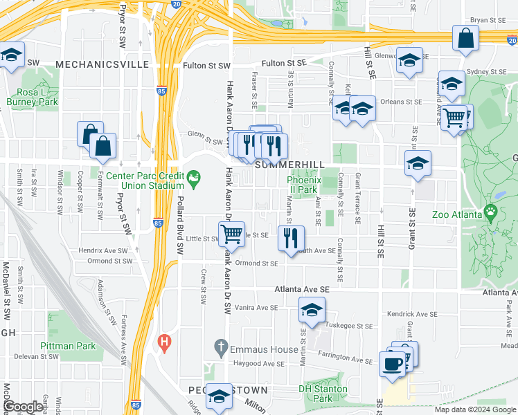 map of restaurants, bars, coffee shops, grocery stores, and more near 723 Reed Street Southeast in Atlanta