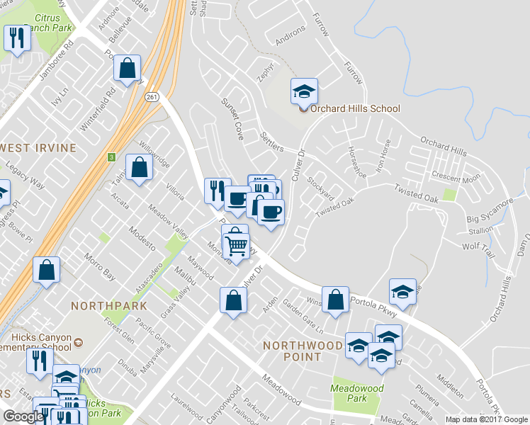 map of restaurants, bars, coffee shops, grocery stores, and more near 3923 Portola Parkway in Irvine