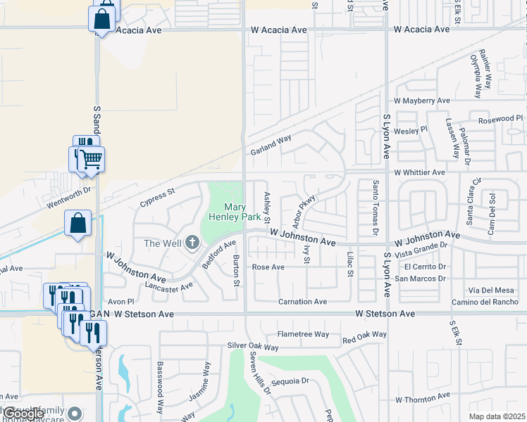 map of restaurants, bars, coffee shops, grocery stores, and more near 835 Ashley Street in Hemet