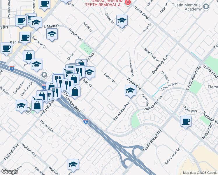 map of restaurants, bars, coffee shops, grocery stores, and more near 1782 Andrews Street in Tustin