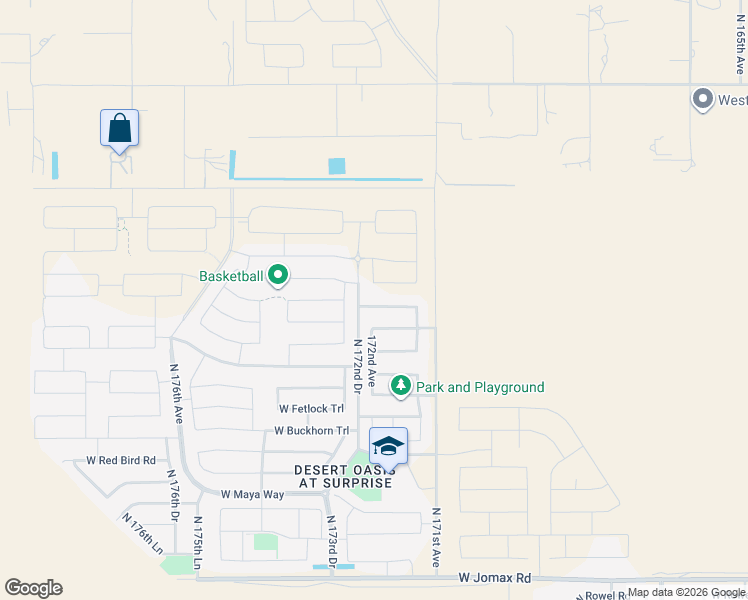 map of restaurants, bars, coffee shops, grocery stores, and more near 17202 West Gambit Trail in Surprise
