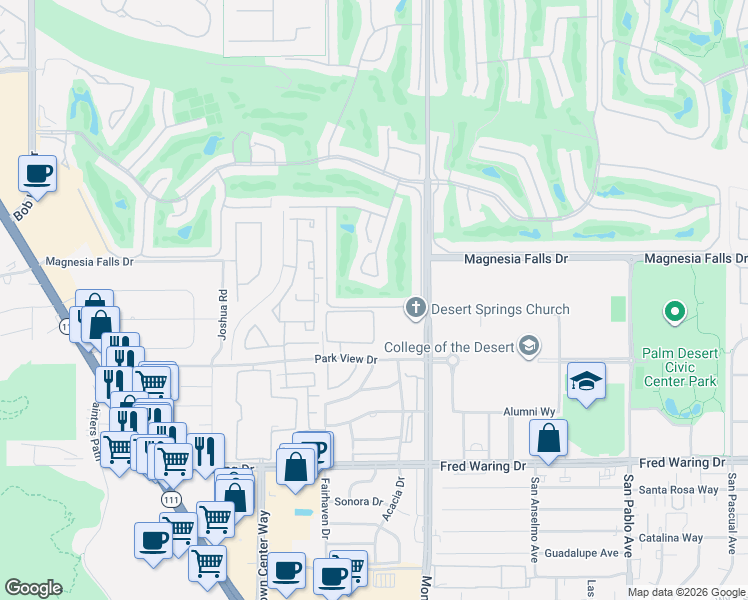 map of restaurants, bars, coffee shops, grocery stores, and more near 109 Torremolinos Drive in Rancho Mirage