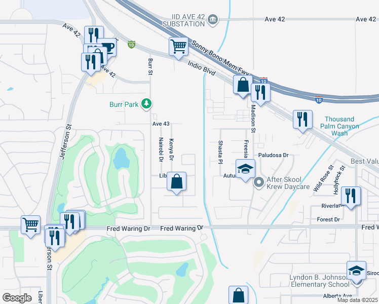 map of restaurants, bars, coffee shops, grocery stores, and more near 80656 Independence Avenue in Indio