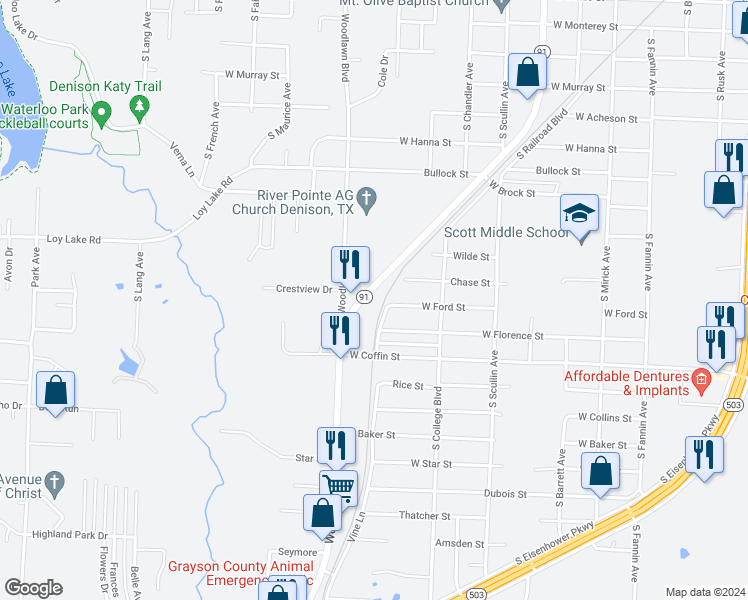 map of restaurants, bars, coffee shops, grocery stores, and more near 1816 South Armstrong Avenue in Denison