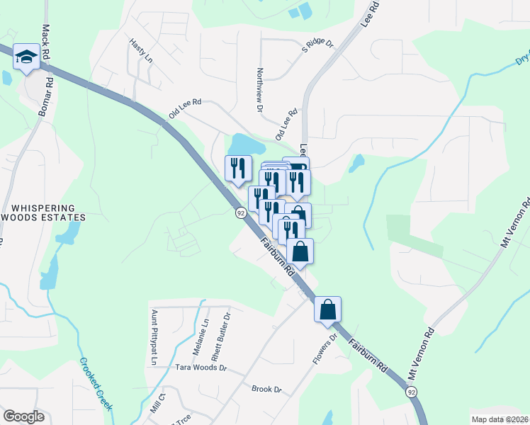 map of restaurants, bars, coffee shops, grocery stores, and more near 2765 Lee Road in Lithia Springs
