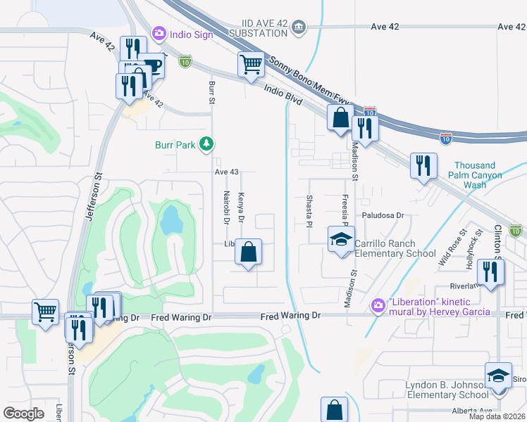 map of restaurants, bars, coffee shops, grocery stores, and more near 80656 Independence Avenue in Indio