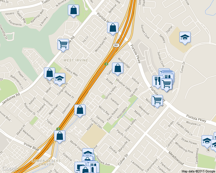 map of restaurants, bars, coffee shops, grocery stores, and more near 57 Modesto in Irvine