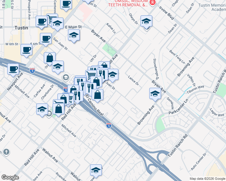 map of restaurants, bars, coffee shops, grocery stores, and more near 1701 San Juan Street in Tustin
