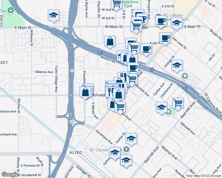 map of restaurants, bars, coffee shops, grocery stores, and more near 17273 Ebel Road in Tustin
