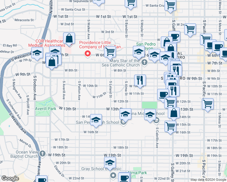 map of restaurants, bars, coffee shops, grocery stores, and more near 1073 West 10th Street in Los Angeles