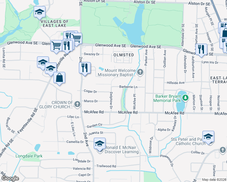 map of restaurants, bars, coffee shops, grocery stores, and more near 2033 Barberrie Lane in Decatur