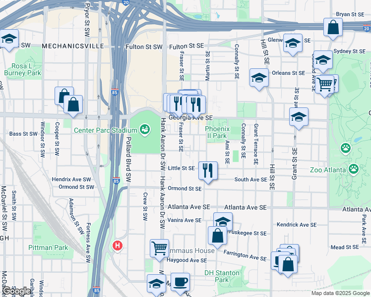 map of restaurants, bars, coffee shops, grocery stores, and more near 723 Reed Street Southeast in Atlanta