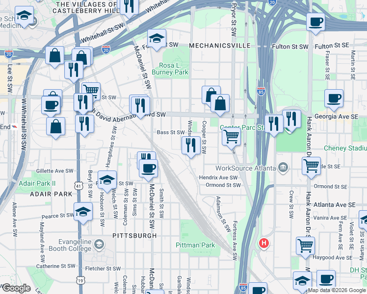 map of restaurants, bars, coffee shops, grocery stores, and more near 732 Garibaldi Street Southwest in Atlanta