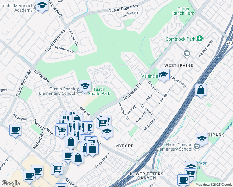 map of restaurants, bars, coffee shops, grocery stores, and more near 2942 Ballesteros Lane in Tustin