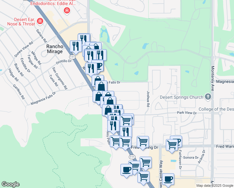 map of restaurants, bars, coffee shops, grocery stores, and more near 72239 Desert Drive in Rancho Mirage