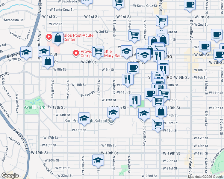 map of restaurants, bars, coffee shops, grocery stores, and more near 1035 South Alma Street in Los Angeles