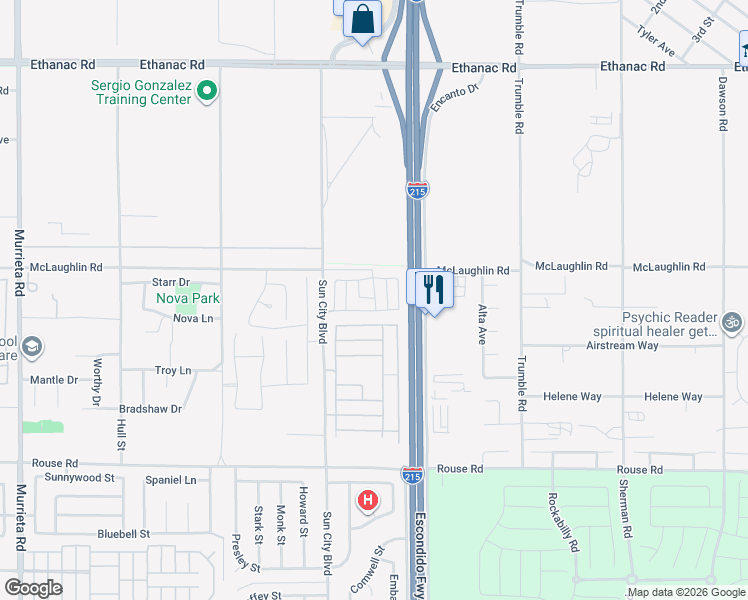 map of restaurants, bars, coffee shops, grocery stores, and more near 26570 Bonneau Lane in Menifee