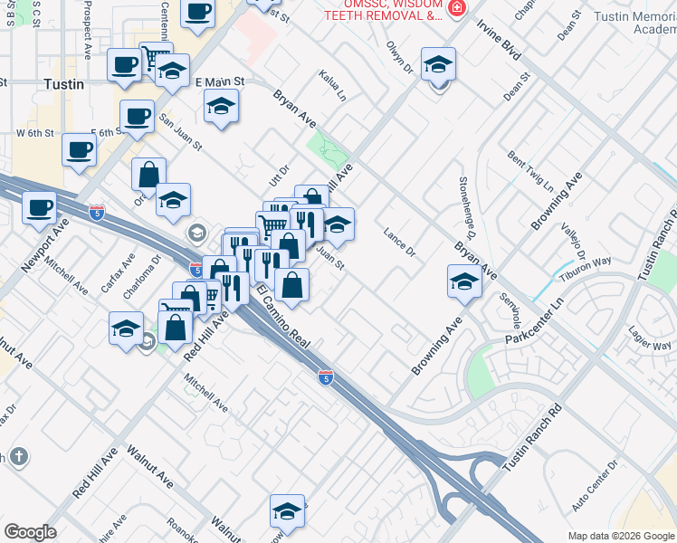 map of restaurants, bars, coffee shops, grocery stores, and more near 1701 San Juan Street in Tustin