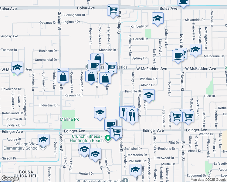 map of restaurants, bars, coffee shops, grocery stores, and more near 15642 Producer Lane in Huntington Beach