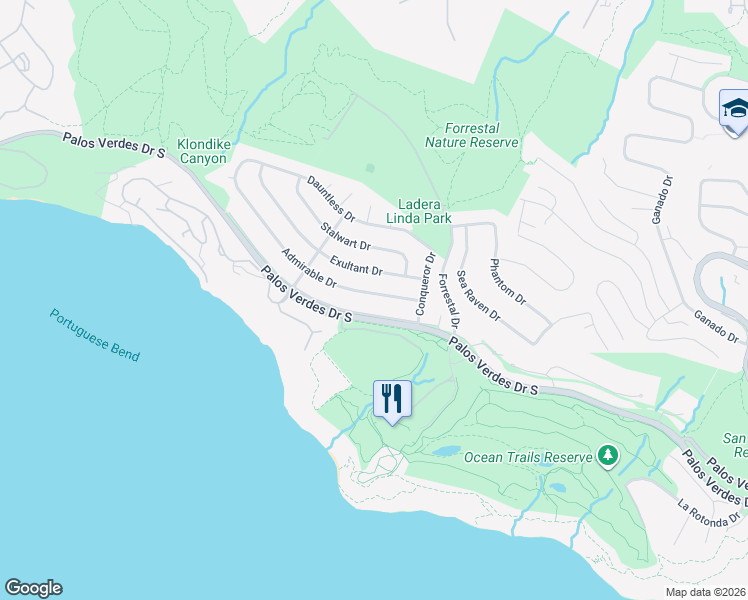 map of restaurants, bars, coffee shops, grocery stores, and more near 4002 Admirable Drive in Rancho Palos Verdes