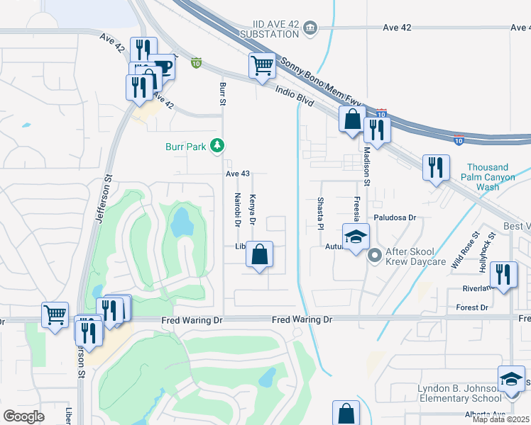 map of restaurants, bars, coffee shops, grocery stores, and more near 80656 Independence Avenue in Indio