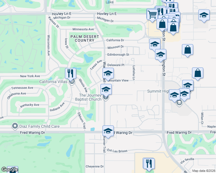 map of restaurants, bars, coffee shops, grocery stores, and more near 43250 Warner Trail in Palm Desert