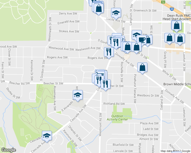 map of restaurants, bars, coffee shops, grocery stores, and more near 738 Avenida Street Southwest in Atlanta