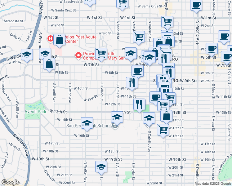 map of restaurants, bars, coffee shops, grocery stores, and more near 1035 South Alma Street in Los Angeles