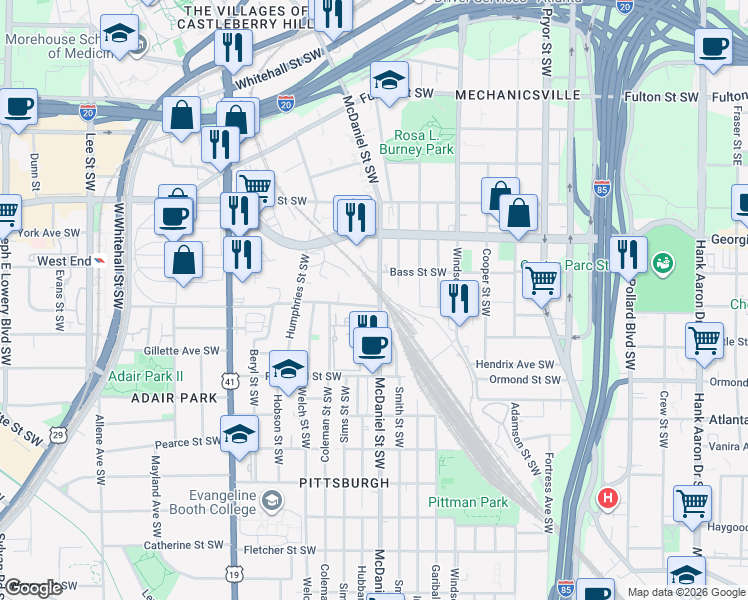 map of restaurants, bars, coffee shops, grocery stores, and more near 749 McDaniel Street Southwest in Atlanta