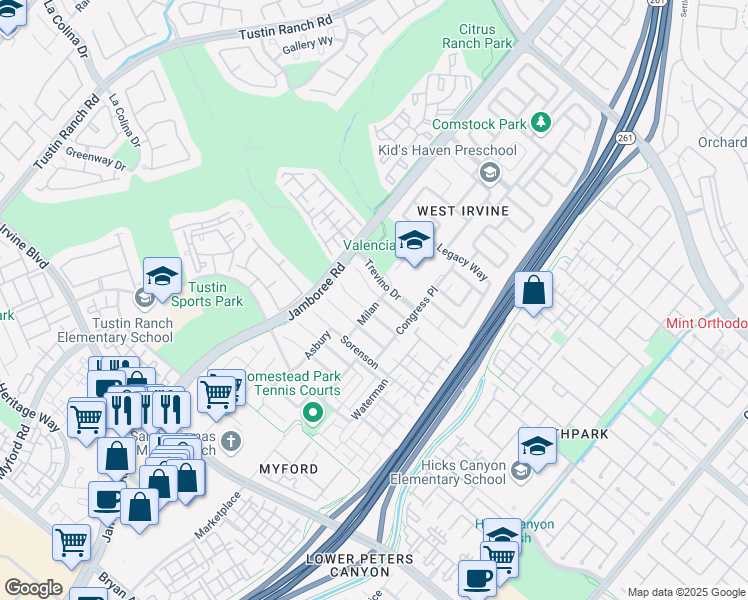map of restaurants, bars, coffee shops, grocery stores, and more near 24 Calais in Irvine