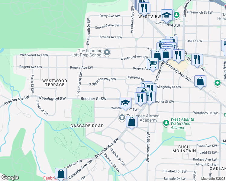 map of restaurants, bars, coffee shops, grocery stores, and more near 1670 Alvarado Terrace Southwest in Atlanta