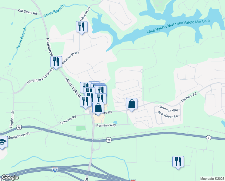 map of restaurants, bars, coffee shops, grocery stores, and more near 2644 Neighborhood Walk in Villa Rica