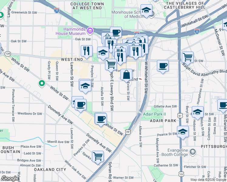 map of restaurants, bars, coffee shops, grocery stores, and more near 723 Victoria Place Southwest in Atlanta