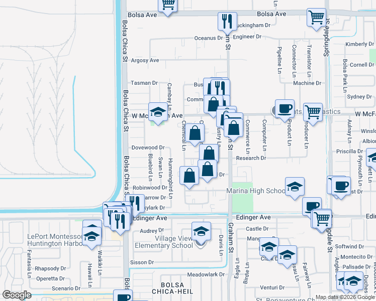 map of restaurants, bars, coffee shops, grocery stores, and more near 15652 Chemical Lane in Huntington Beach