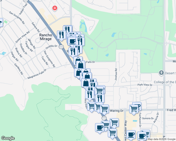 map of restaurants, bars, coffee shops, grocery stores, and more near 72187 Desert Drive in Rancho Mirage