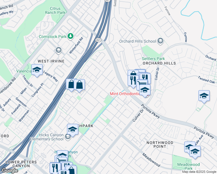 map of restaurants, bars, coffee shops, grocery stores, and more near 24 Oroville in Irvine