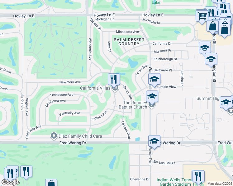map of restaurants, bars, coffee shops, grocery stores, and more near 77107 California Drive in Palm Desert