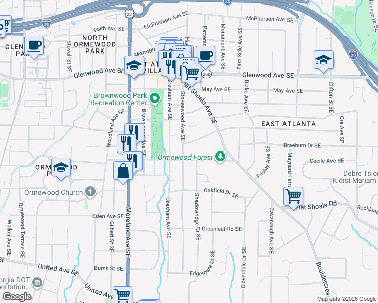 map of restaurants, bars, coffee shops, grocery stores, and more near 1345 Milton Place Southeast in Atlanta