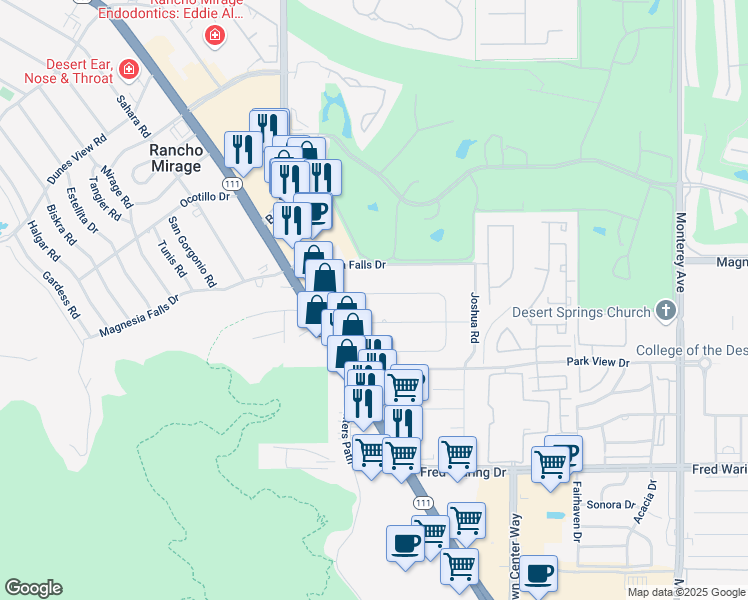 map of restaurants, bars, coffee shops, grocery stores, and more near 72218 Desert Drive in Rancho Mirage