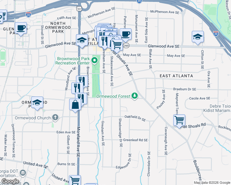 map of restaurants, bars, coffee shops, grocery stores, and more near 1345 Milton Place Southeast in Atlanta