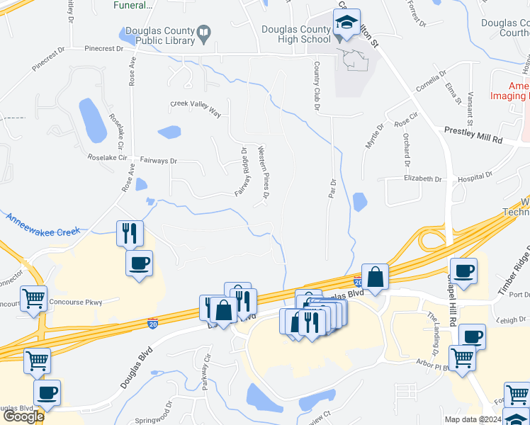 map of restaurants, bars, coffee shops, grocery stores, and more near 9085 Green Pines Court in Douglasville